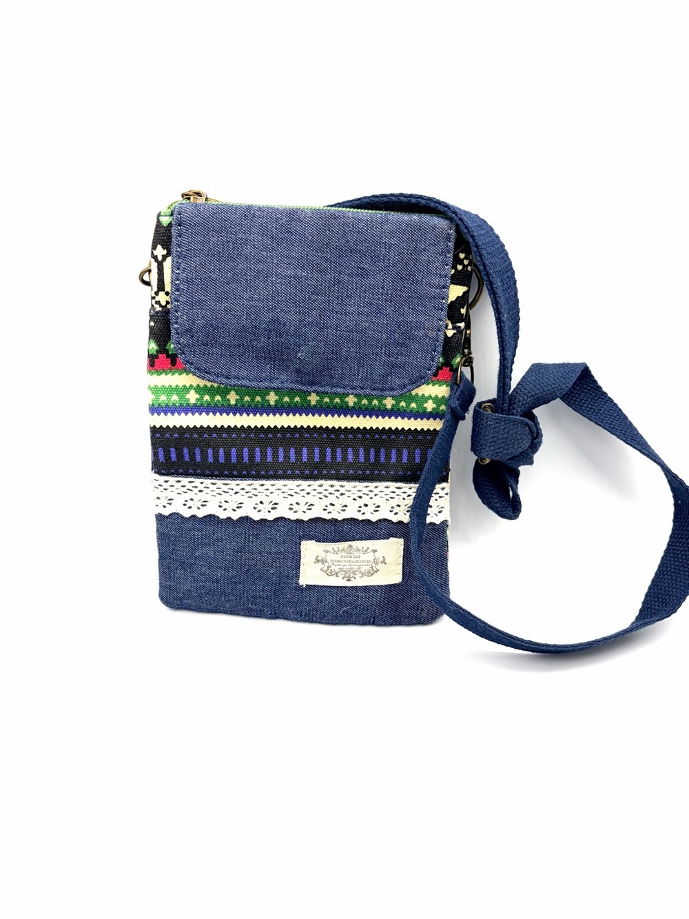 Compact Denim Canvas Crossbody Phone Bag with Bohemian Style Multicolor Trim